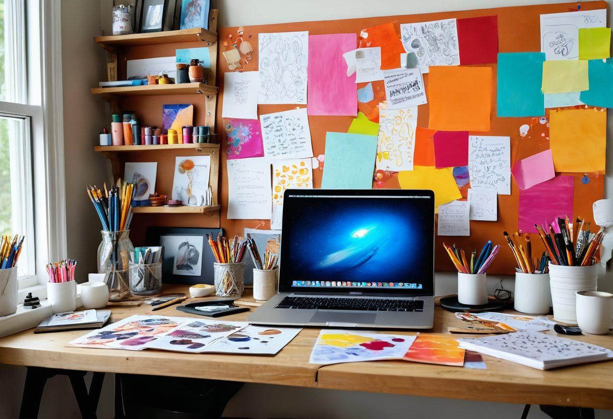 A mesmerizing scene depicting a creative workspace filled with colorful art supplies, a laptop with open blogging software, and an imagination board filled with ideas. Surrounding it, whimsical elements like floating dreams and stories represented as colorful bubbles, inspiring a sense of storytelling magic. The atmosphere should be bright and inviting, sparking creativity. super-realistic. vibrant colors. soft focus.