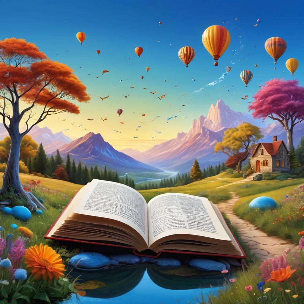 A whimsical landscape filled with oversized books and quills floating in the sky, surrounded by diverse readers of different ages deeply engaged in reading and writing. The scene radiates creativity with colorful thought bubbles containing writing quotes and techniques. Soft warm light illuminates the setting, evoking a sense of inspiration. surrealism. vibrant colors. intricate details.