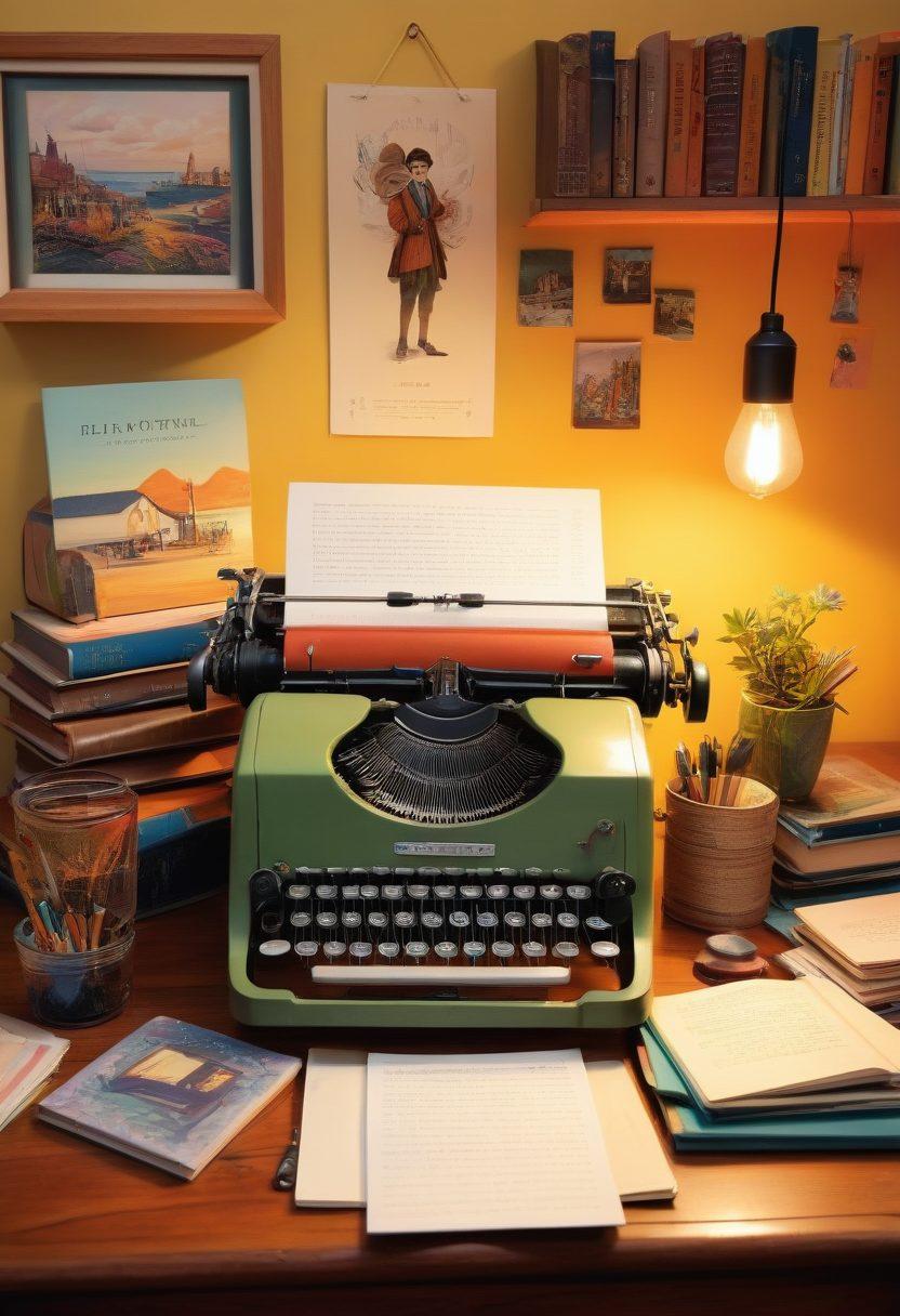 An enchanting writer's workspace filled with colorful notebooks, vintage typewriter, and an open laptop displaying a captivating story. Soft, warm lighting casts a cozy glow, while books on storytelling and tips are scattered around. Inspired illustrations of famous storytellers frame the background, symbolizing the art of narrative. super-realistic. warm colors. cozy atmosphere.